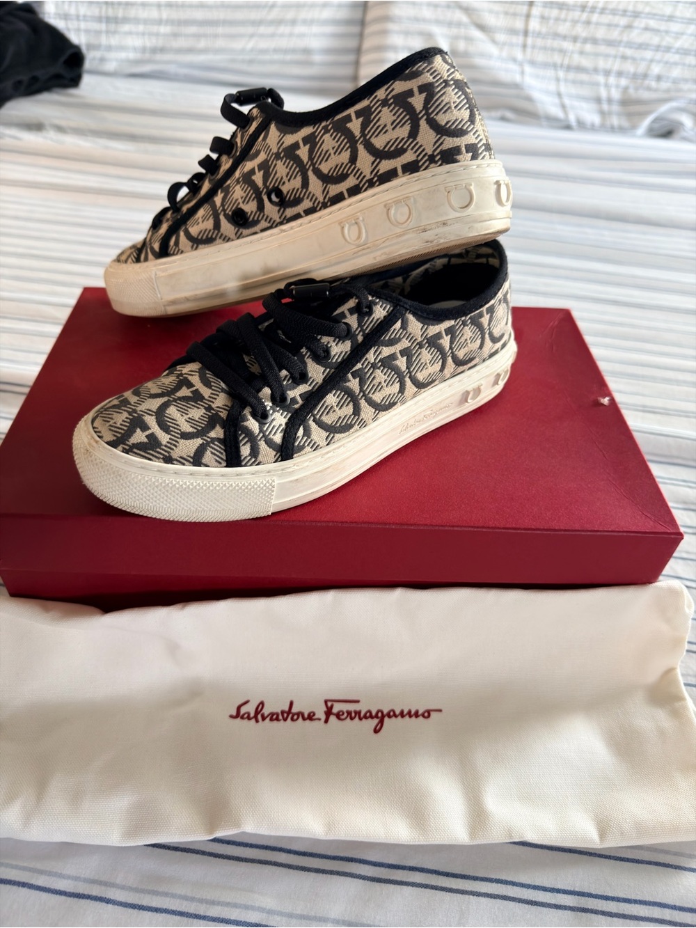 Salvatore Ferragamo Black & Beige Monogram Canvas Low-Top Sneakers